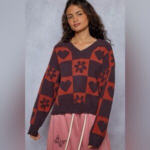 POL Distressed Hem Red & Burgundy Heart and Flower Patterned Sweater- Valentines